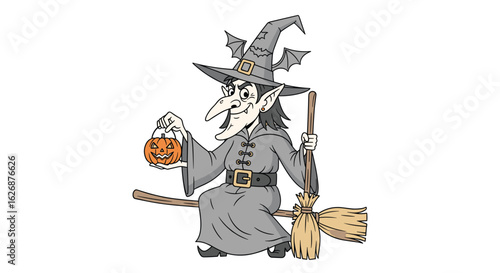 Whimsical Witch on Broomstick Holding Treat Bag, Festive Halloween Character