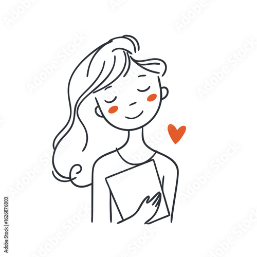 Cute happy woman holding a book with a heart icon. Doodle style for education, reading, self-care concept. Vector illustration for greeting card, poster