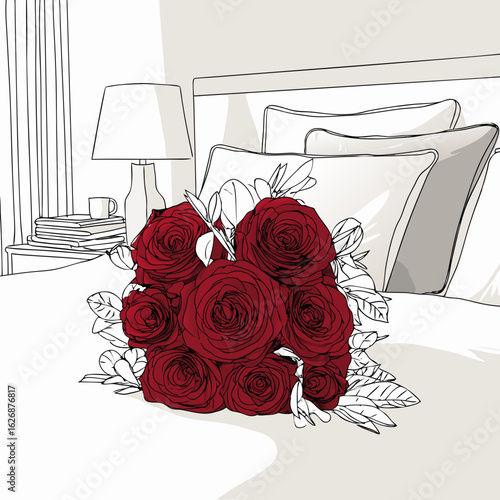 Bouquet of red roses on a bed with pillows and a nightstand with lamp as a romantic gesture. Vector illustration for greeting card, banner, poster