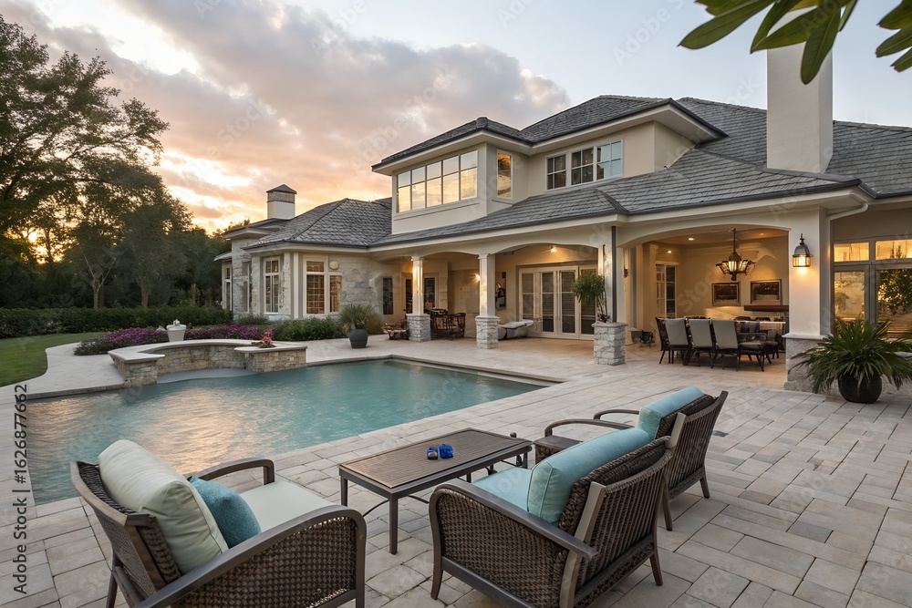 Fototapeta premium A luxurious home exterior with a swimming pool and outdoor seating at sunset in a serene setting