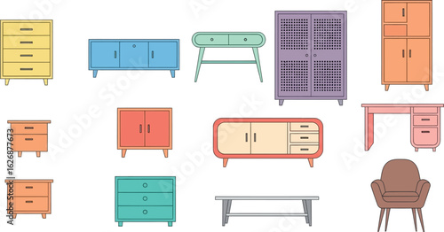 Collection of vintage style furniture including dressers cabinets tables and chairs in various bright colors and retro designs isolated on white background