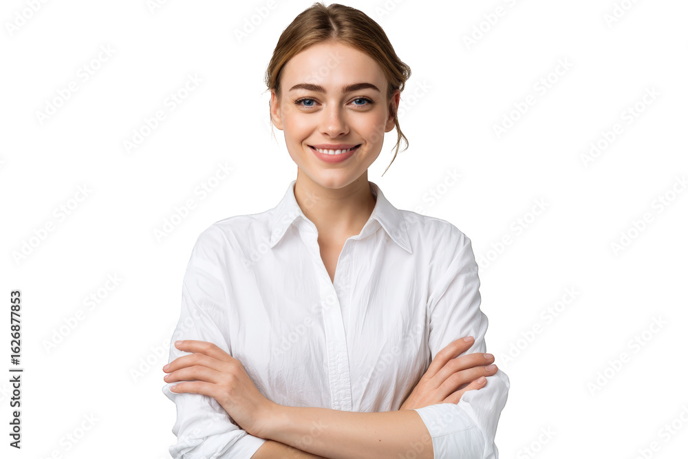 Photo of attractive young woman in a white shirt, smiling with arms crossed, isolated on transparent background Photo of attractive young woman in a white shirt, smiling with arms crossed, isolated on transparent background