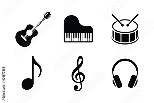 Black musical instruments and symbols on white background guitar piano