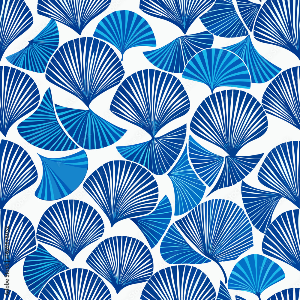 Seamless pattern of stylized blue fan shapes with white stripes on a white background Seamless pattern of stylized blue fan shapes with white stripes on a white background