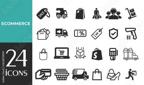 E-Commerce set of web icons in linear style. Online shopping and digital retail icons for web and mobile app. Includes business, mobile shop, digital marketing, bank card, gift box, sale tag, delivery