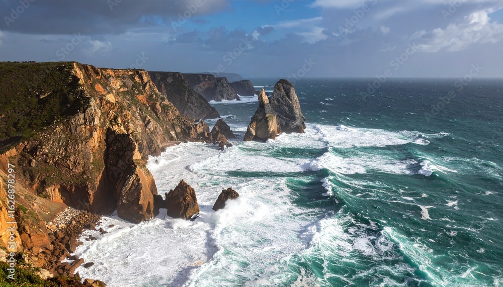 Obraz premium Dramatic coastal scene featuring rugged cliffs, rock formations, and crashing waves under a cloudy sky, showcasing the power and beauty of the ocean.