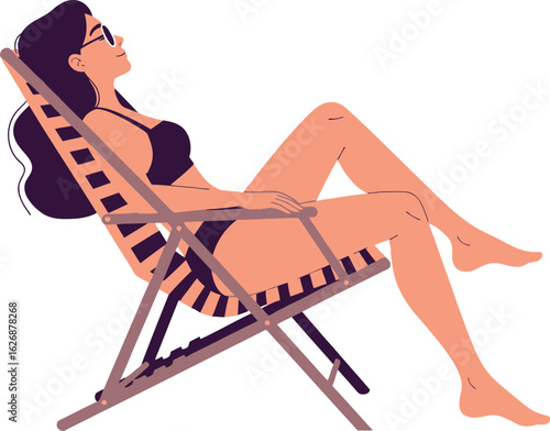 A stylish woman in a black bikini relaxes on a striped deck chair enjoying the sunshine and a peaceful summer vacation