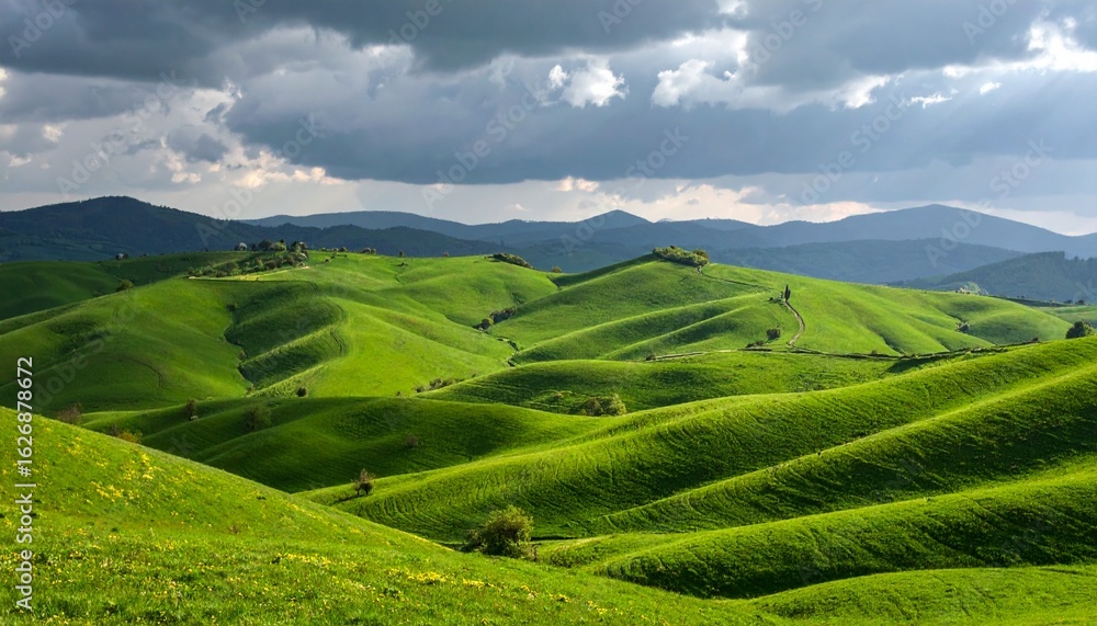 Fototapeta premium Rolling green hills under a dramatic sky with dark clouds and patches of sunlight illuminate the landscape.