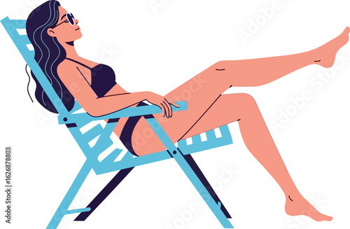 Stylish woman in a black bikini relaxing on a light blue beach chair with her legs extended enjoying a sunny day outdoors