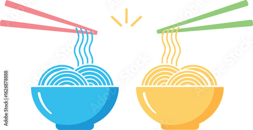 Two colorful bowls of steaming noodles being lifted by chopsticks representing a delicious and satisfying meal or culinary experience