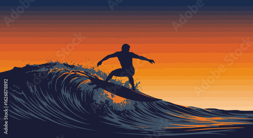 Surfer Silhouette Riding a Wave at Sunset.