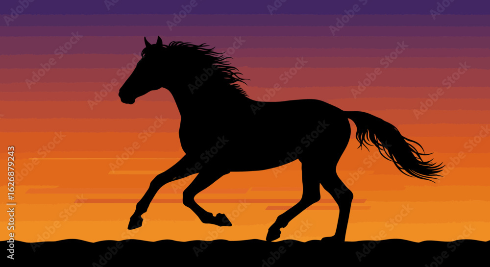 Galloping Horse Silhouette at Sunset with Flowing Mane and Tail. Galloping Horse Silhouette at Sunset with Flowing Mane and Tail.