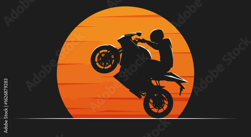 Silhouette of a Motorcyclist Performing a Wheelie Against a Sunset.