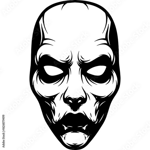 Creepy Zombie Monster Face Illustration for Halloween Assets, Scary Horror Mask Vector Graphic, Spooky Dark Fantasy Design Element