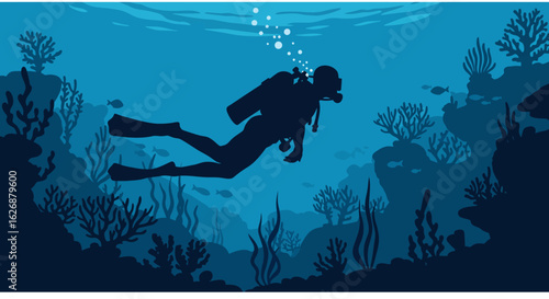 Silhouette of Scuba Diver Exploring Underwater Coral Reefs.