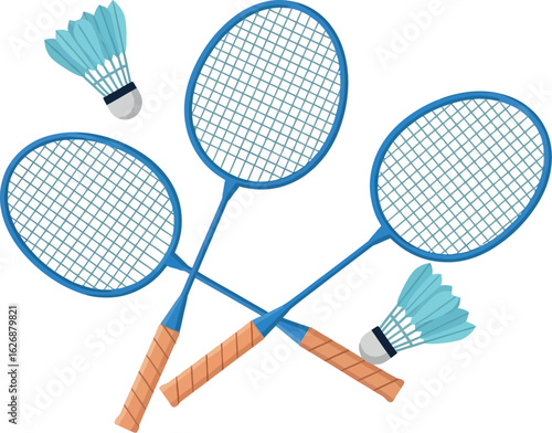 Three blue badminton rackets with wooden handles crossed with two white and blue shuttlecocks on a white background showcasing a popular sport
