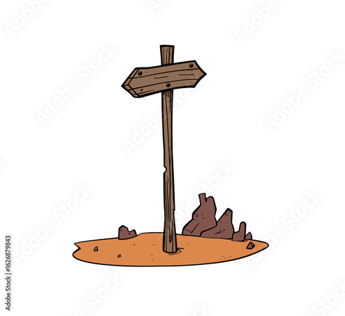 Cartoon wooden direction signpost with arrow pointing left in a desert landscape with rocks and sand