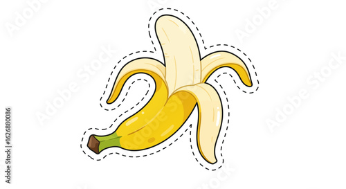 Cartoon-Style Partially Peeled Banana with Dashed Outline.