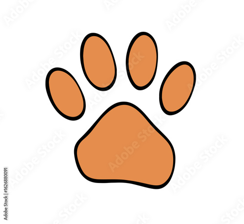 Cute cartoon orange paw print with black outline symbol for pets and animals