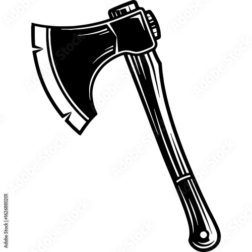 Vintage woodcutting axe vector illustration in black and white, lumberjack tool for forestry or a scary Halloween graphic asset.