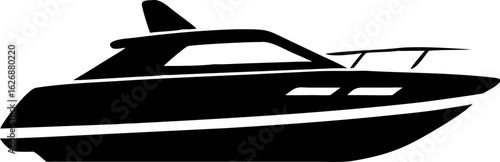 Silhouette of Motorboat or Yacht with Cabin, Windows, and Front Railing