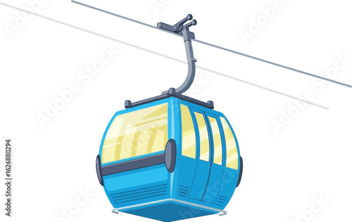 A bright blue ski resort gondola cabin suspended from a steel cable against a clear white sky ready for passengers