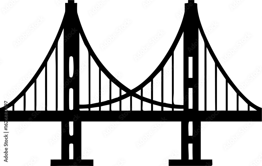 Fototapeta premium Silhouette of Suspension Bridge with Two Towers and Cables