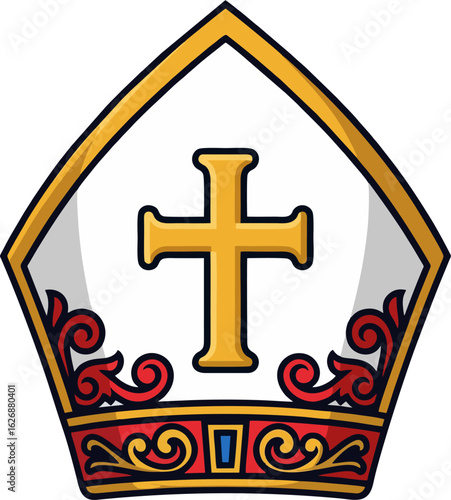 Ornate White Bishop Mitre Vector Illustration with Golden Cross and Red Gold Embellishments