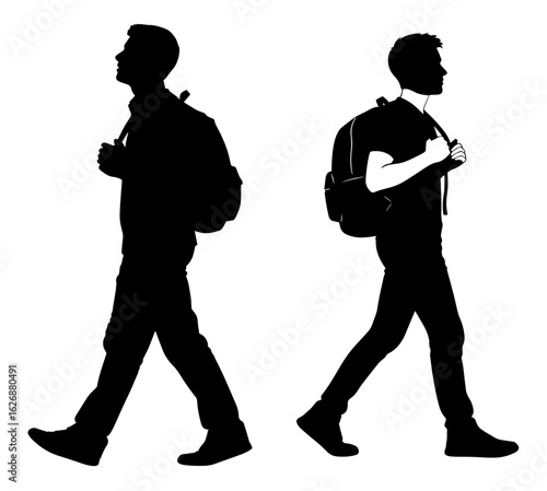 Vector art of two silhouettes of men walking with backpacks isolated on white background