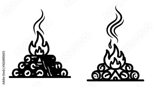 Vector art of two stylized black and white campfires burning on a white background, isolated on white background