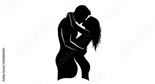 Silhouette of a Passionate Couple Embracing and Kissing.