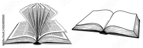Vector art of two open books, one with fanned pages, symbolizing knowledge and learning, isolated on white background