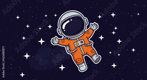 Cartoon Astronaut Floating in Space with Stars and Dark Background.