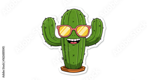 Cartoon Cactus Character with Sunglasses and a Cheerful Smile in a Pot.