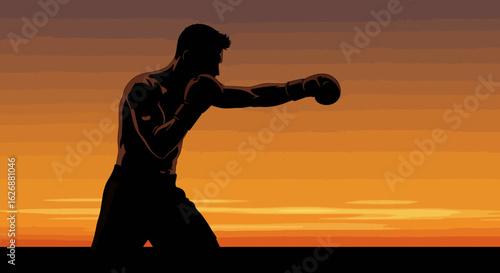 Silhouette of a Boxer Punching Against a Sunset Sky.
