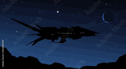 Silhouette of a Spaceship Flying Over a Rocky Planet with Ringed Planet.
