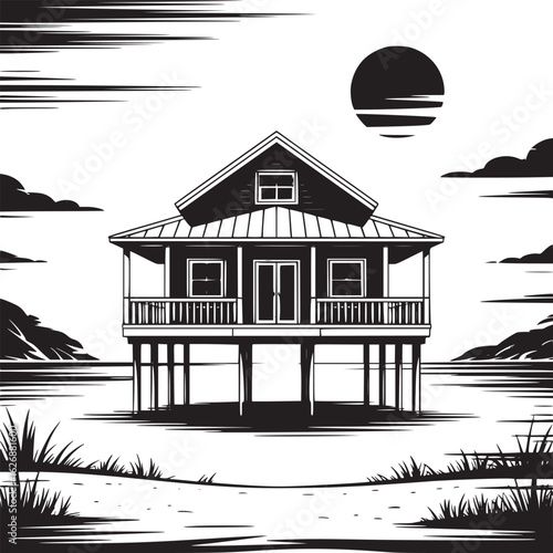 Vector art of black and white illustration of a beach house on stilts with a serene ocean view isolated on white background