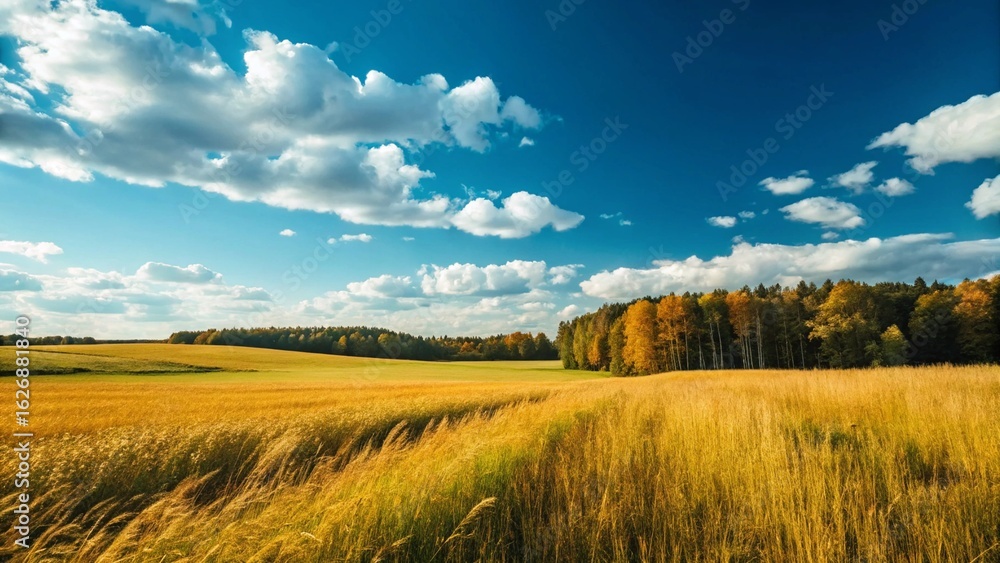 Fototapeta premium Vibrant autumn landscape featuring a golden field of ripening crops stretching towards a forest line adorned with fall colors, all under a brilliant blue sky with fluffy white clouds.