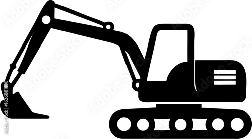 Silhouette of Excavator with Long Arm and Bucket on Tracks