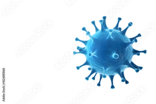 A single blue virus cell with spikes  in a microscopic view of a disease