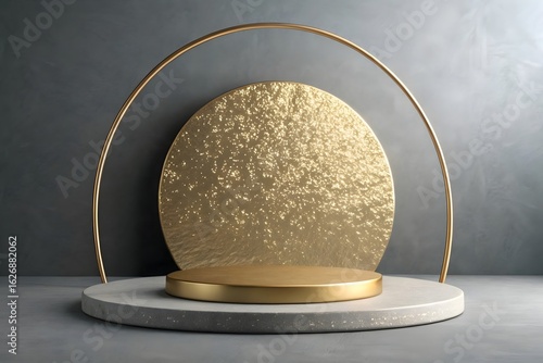 Elegant gold podium with circular backdrop and arch on a grey surface for product presentation