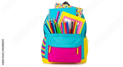 A colorful backpack filled with school supplies including notebooks and writing utensils on white