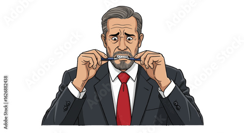 Vector of a businessman biting his pen while making decisions – plain white background