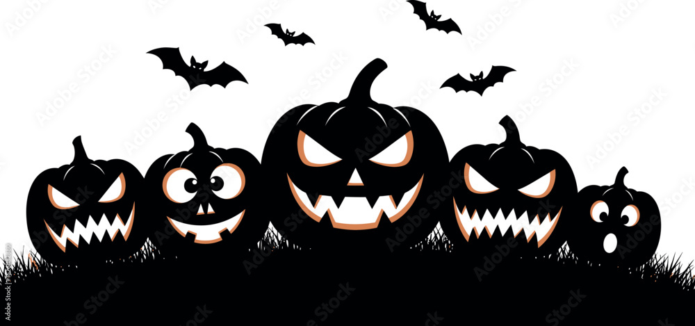 Fototapeta premium A spooky halloween scene featuring a row of five carved jack o lanterns with glowing eyes and jagged teeth against a white background with flying bats