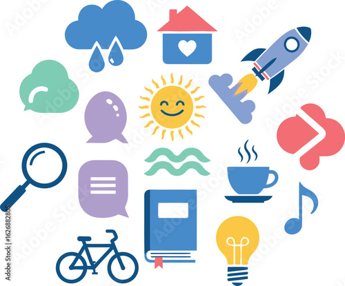 A vibrant collection of flat design icons representing various concepts including weather education technology and lifestyle elements arranged in a playful scattered pattern