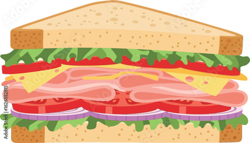 A tall stacked deli sandwich overflowing with fresh ingredients like ham cheese lettuce tomato and onion on toasted bread