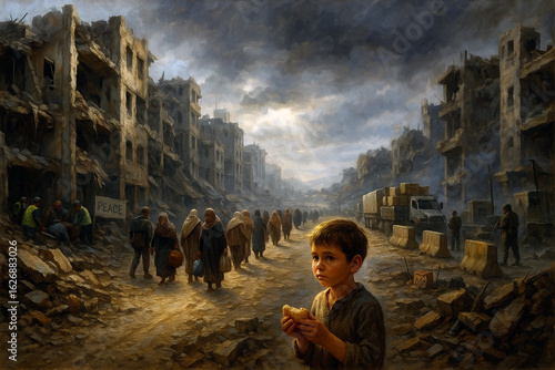 A war-torn cityscape reveals the harsh reality of crisis: destroyed buildings, displaced civilians, and a child’s gaze toward unreachable humanitarian aid under a glimmer of fading sunlight.