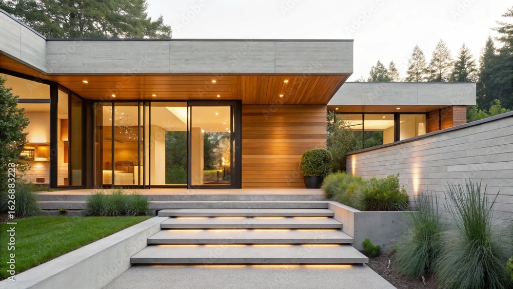Fototapeta premium An impressive contemporary residence showcasing sleek design and premium materials like concrete and natural wood paneling
