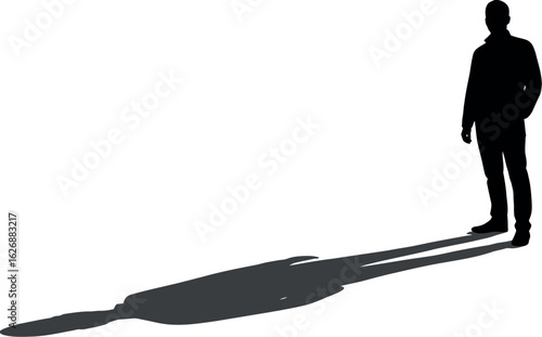 A solitary man stands in silhouette against a stark white background casting a long distorted shadow across the ground representing his past or future