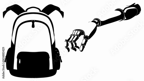 Illustration of a backpack with straps and a robotic arm with articulated fingers in black and white silhouette